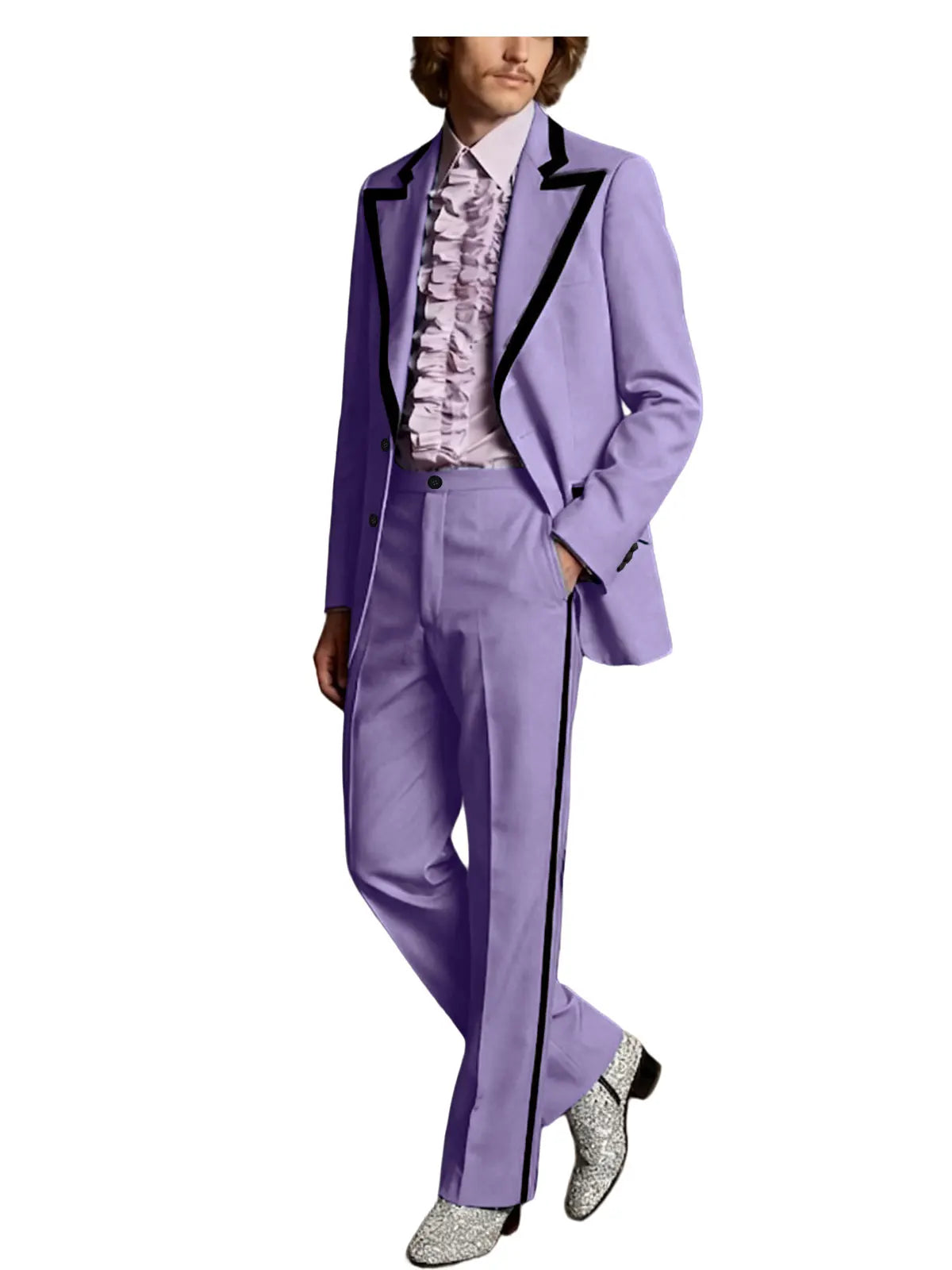Men's Tuxedo Suit with Black Trim 2-Piece Slim Fit Blazer Pants Set Business Casual Jacket Straight Leg Trousers Formal Outfit