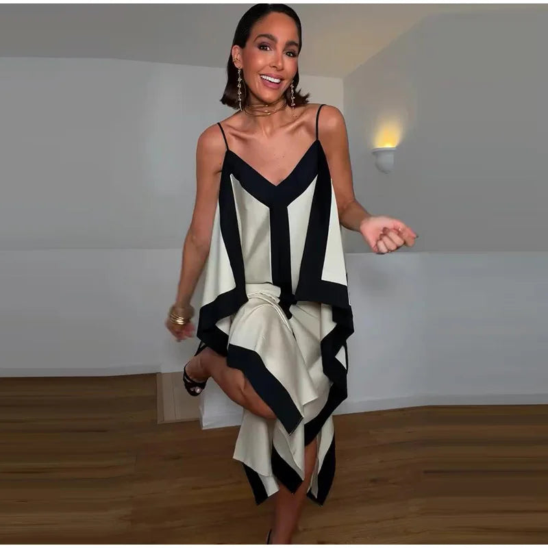 Contrast Black Trim Satin Maxi Dress Deep V Neck Loose Flowy Ruffle Hem Lady Long Gown 2026 Summer Formal Chic Vacation Dresses