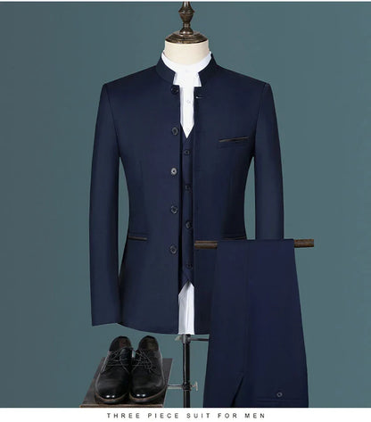 Suit (Blazer+ Vest + Pants) Men's Fashion Gentleman Business Outdoor Standing Collar Gentleman Wedding Work Casual MAO Suit
