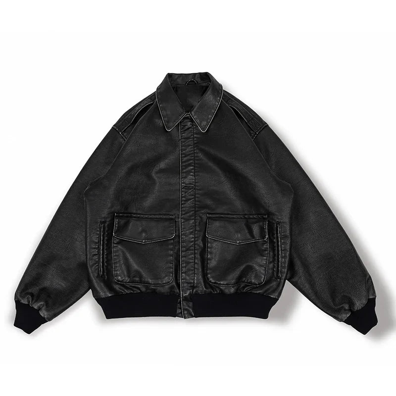 Spring Cool Handsome Oversized Vintage Distressed Black Pu Leather Jacket Men Pockets Luxury Designer Clothes 2024
