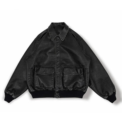 Spring Cool Handsome Oversized Vintage Distressed Black Pu Leather Jacket Men Pockets Luxury Designer Clothes 2024