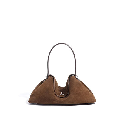 2026 Autumn Winter All-match Bowling Tote All-match Matte Suede Cowhide Leather Women Shoulder Bag Coffee Purple Noble Handbag