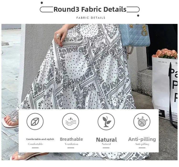 Summer New Cotton Silk Floral Print Maxi Dr ort Sve Beachwear High Waist Young Women's Large Skirt Swing Dr