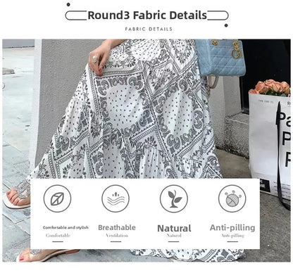 Summer New Cotton Silk Floral Print Maxi Dr ort Sve Beachwear High Waist Young Women's Large Skirt Swing Dr