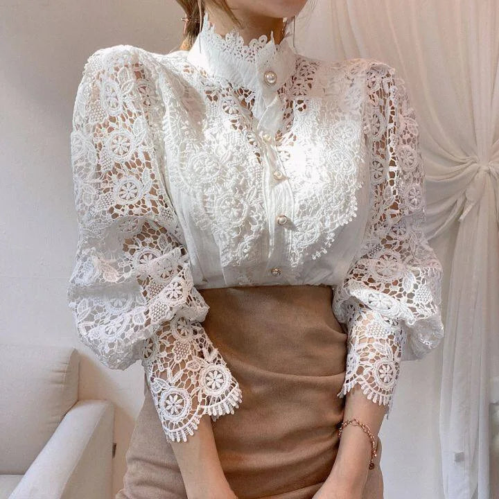 Vintage Solid White Lace Blouse Shirts Women New Korean Button Loose Shirt Tops Female Hollow Casual Ladies Blouses Blusas