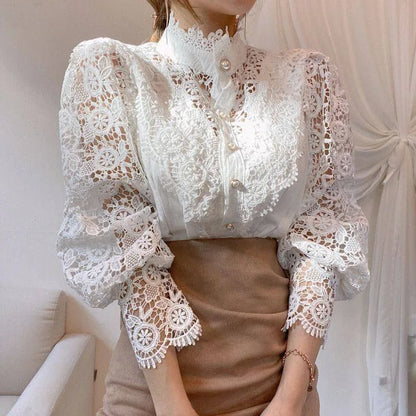 Vintage Solid White Lace Blouse Shirts Women New Korean Button Loose Shirt Tops Female Hollow Casual Ladies Blouses Blusas