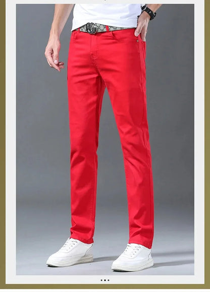 Men Classic Version Slim Stretch Trousers Clothing Red Straight Jeans Fashion High Quality Casual  Denim Pants Male 36 40