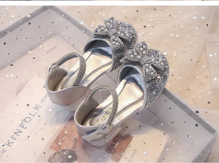 Kid's Sandals high Heels Pumps Rhinestone Bow Silver Party Breathable Shoes For Girl PU Leather Footwear for Kids Size 26-36