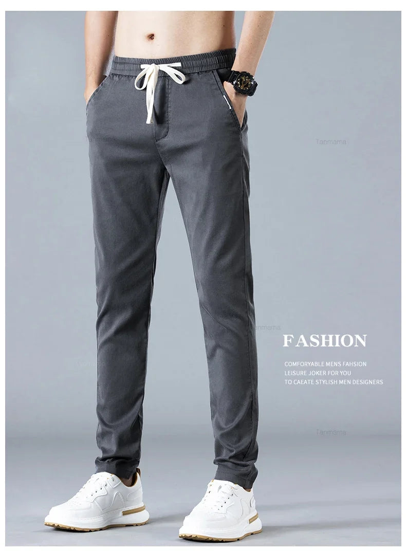 Spring Summer Men's Casual Pants Korean Fashion Cotton Thin Soft Elastic Slim Business Trousers Black Green Khaki