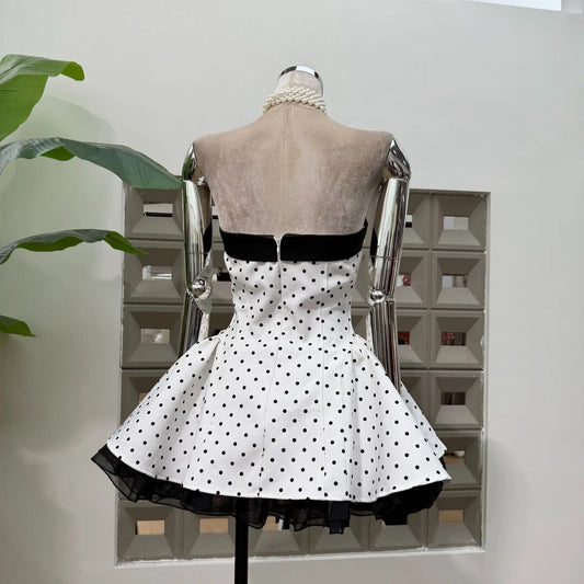 Women Sexy Strapless Backless Polka Dot Bow A Line Dress Party Birthday Evening Ball Gowns Nightclub Show Wear Fashion Vestido