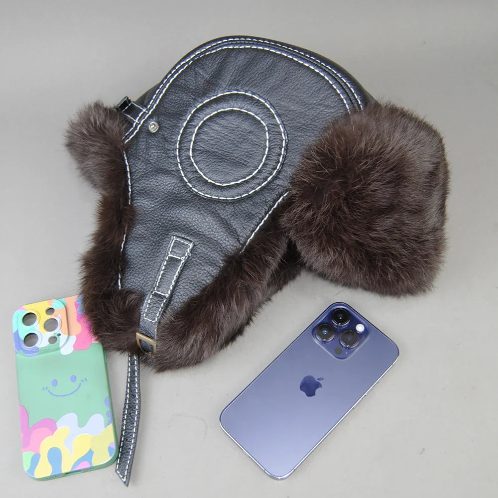 Hot Sale Winter Women's 100% Real Rabbit Fur Bomber Hat Ushanka Cap Trapper Russian Woman Ski Hats Caps Real Sheepskin Leather