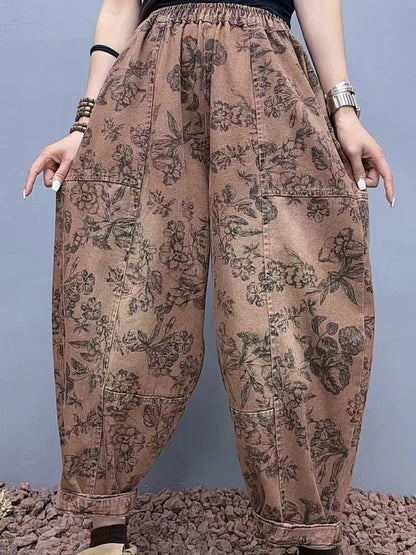 2025 Floral Spring Ladies Printed Classic Elegant Harem Pants Casual Fashion Jeans Vintage Loose Women Denim Trousers