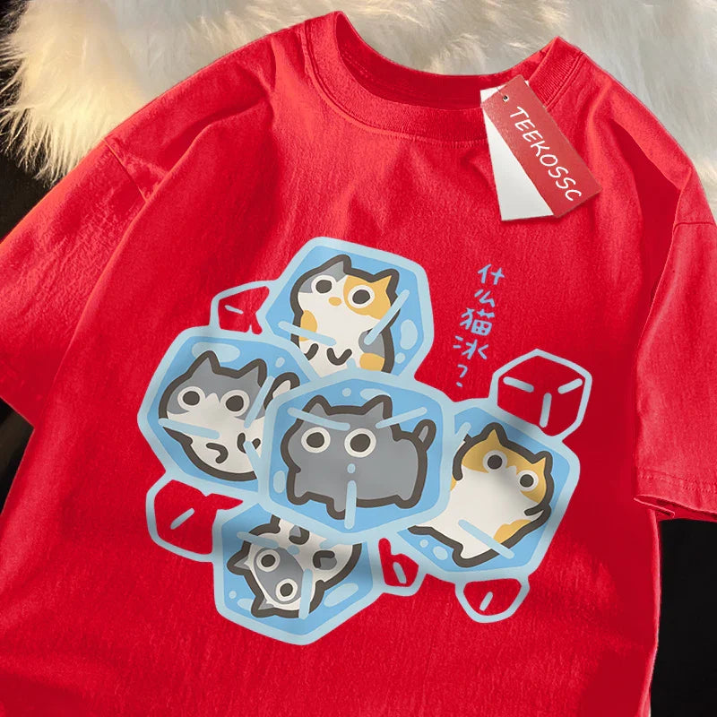 Ice Cat Fun Cartoons Cats Print Clothes Men Women Oversize Breathable T Shirt Summer Comfortable Casual T-Shirt Cotton Tee Shirt