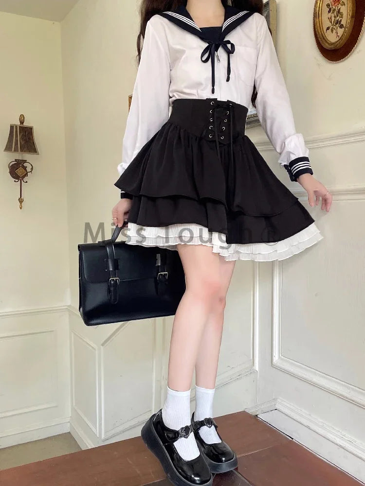 Japanese Bow Lolita Style Kawaii Skirts Women Black Ruffles Cute Mini Skirt Female Korean Fashion High Waist Princess Skirt 2023