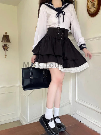 Japanese Bow Lolita Style Kawaii Skirts Women Black Ruffles Cute Mini Skirt Female Korean Fashion High Waist Princess Skirt 2023
