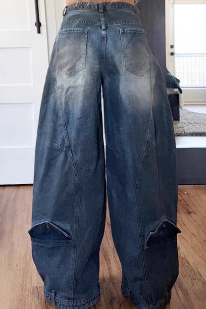 Y2K Women Loose Denim Jeans Asymmetric Button Pocket Washed Jean Casual Harajuku High Street Grunge Denim Trouders Pants
