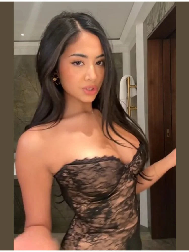 Lady Elegant Floral Lace Strapless Corset Top Transparent Lace Bustier Top Sleeveless Slim Tube Top For Night Club Party Dating