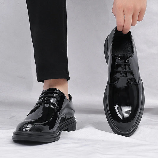 Mens Black Patent Leather Lace Up Dress Shoes With Thick Sole Platform Block Heel Formal Business Wedding Party Office Work Shoe