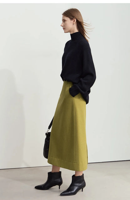 Minimalism Women's Elegant Commuter Skirts with Velvet Belt 2024 Winter Twill Fabric Warm Slit Straight Midi Skirt 12444183