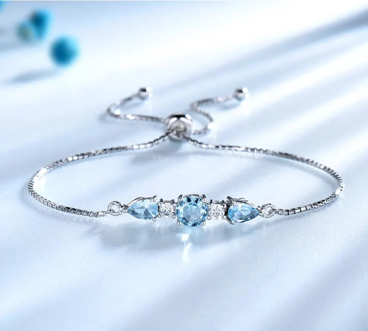 925 Sterling Silver Bracelets Adjustable Bangle Nano Blue Topaz Bracelet Round Pear Bracelets for Woman Wedding