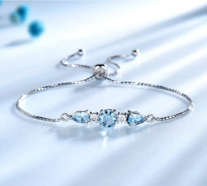 925 Sterling Silver Bracelets Adjustable Bangle Nano Blue Topaz Bracelet Round Pear Bracelets for Woman Wedding