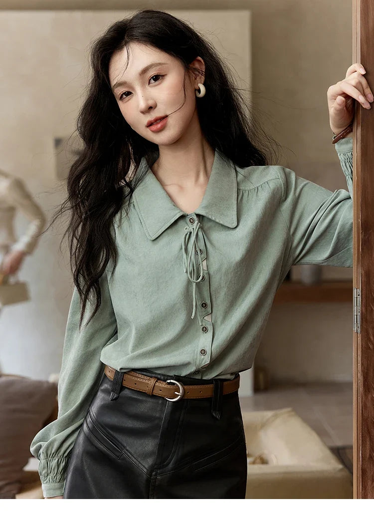 Vintage Green Blouse Women French Lapel Bow Lace-up Top 2025 Autumn Sweet Shirt Sleeve Outwear Commute Shirts MXD44C0337