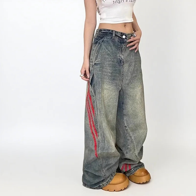 Autumn And Winter Korean Fashion Women'S Straight Leg Jeans With Side Stripes Wide Leg Pants Casual Pants Blue Jeans
