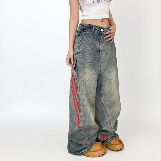 Autumn And Winter Korean Fashion Women'S Straight Leg Jeans With Side Stripes Wide Leg Pants Casual Pants Blue Jeans