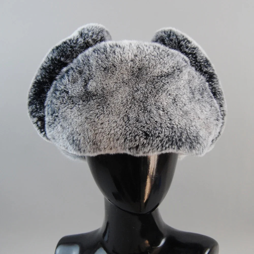 Winter Russian Man Woman White Skin Natural Rex Rabbit Fur Hats Luxury Real Sheepskin Leather Cap Unisex Real Fur Bomber Hat