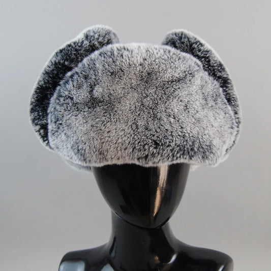 Winter Russian Man Woman White Skin Natural Rex Rabbit Fur Hats Luxury Real Sheepskin Leather Cap Unisex Real Fur Bomber Hat