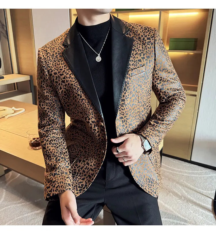 Splicing Leather Neck Casual Suit Jacket Fashion Leopard Men's Business Slim Fit Social Formal Blazers Wedding Groom Tuxedos