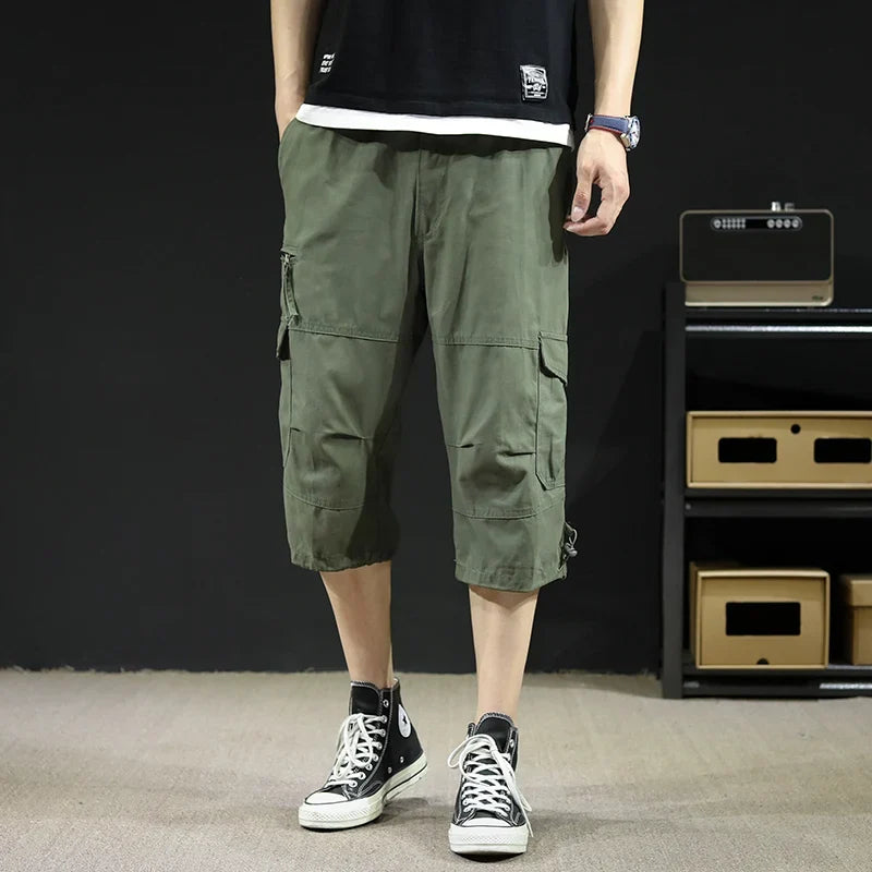 Mens Cargo Shorts Casual Half Pants Elastic Waist Summer Camo Shorts Sports Running Hiking Multiple Pockets Male Knee Pants