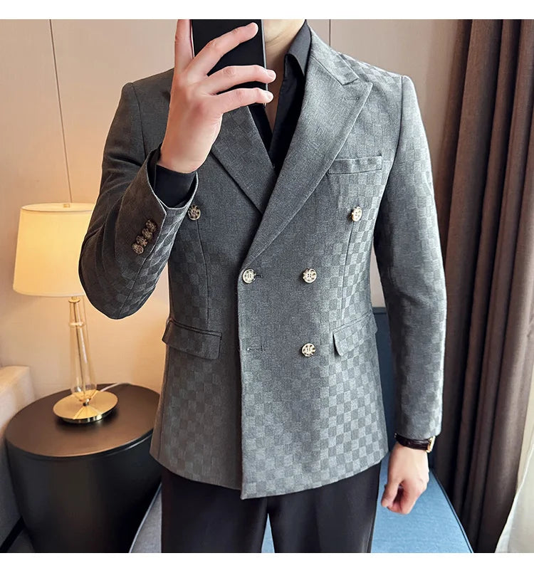 6 Color Luxury Double Breasted Blazers Coats 2024 New Fashion Checkered Business Slim Fit Social   Formal Suit Jacket 5XL-M
