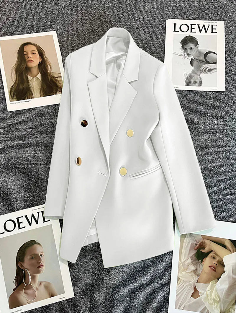 Casual Small Suit Jacket Women Fashion Loose Metal Double-Breasted Blazer Coat Korean Occupation Office Formal Lapel Blazers