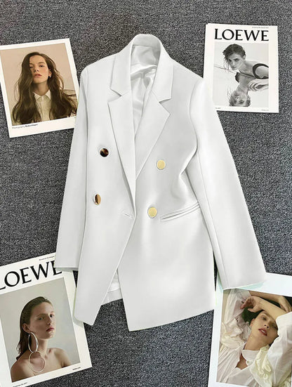 Casual Small Suit Jacket Women Fashion Loose Metal Double-Breasted Blazer Coat Korean Occupation Office Formal Lapel Blazers