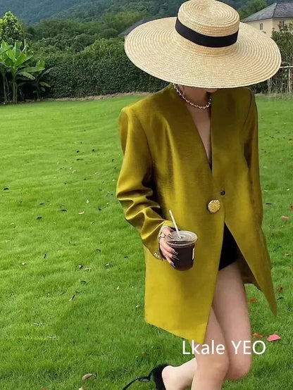 Women's Blazer Coat 2025 Spring Autumn Fashion Retro Style Advanced Ladies Suit Jacket Korean Version Temperament Lady Outerwear