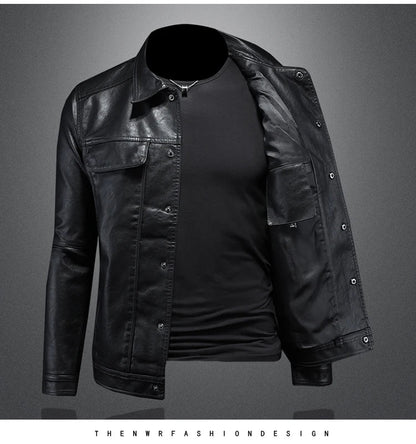 2024 Autumn and Winter New Men's Fashion Handsome with Solid Color Boutique Lapel Motorcycle Leather Coat Slim Fashion  M-5XL