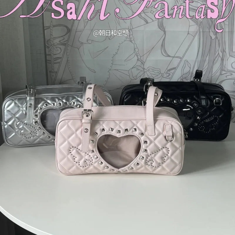 Pink Transparent Pocket Japanese Itabag Rivet Design Lolita Shoulder Bag PU Leather Harajuku Pain Bags Y2k Sweet Handbags Girls