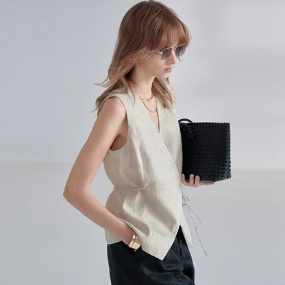 100% Linen V-Neck Vest Women's Tank Top French Vintage Lace-up Top Casual Sleeveless Office Ladies Waist-Cinched Linen Tops