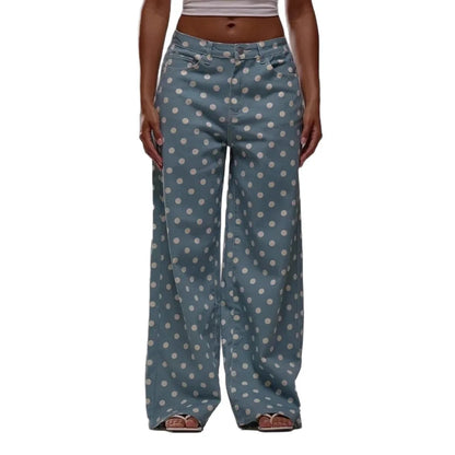 Spring Autumn High Wasit Jeans Pants Women 2026 Fashion Vintage Polka Dot Print Wide Legging Denim Trousers Bottoms Casual