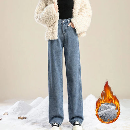 Winter Girls Plush Thermal High Waist Solid Jeans Lady Fleece Snow Warm Denim Pants Women Baggy Straight Leg Daily Trousers