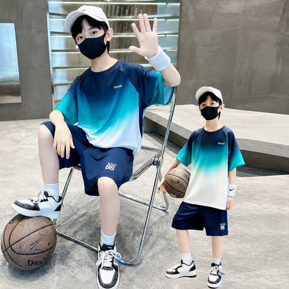 Summer Boys Gradient Quick-dry T-Shirt Top+Shorts Pant Sportswear Set School Kids 2PCS Tracksuit Children Jersey Outfit 5-16 Yr