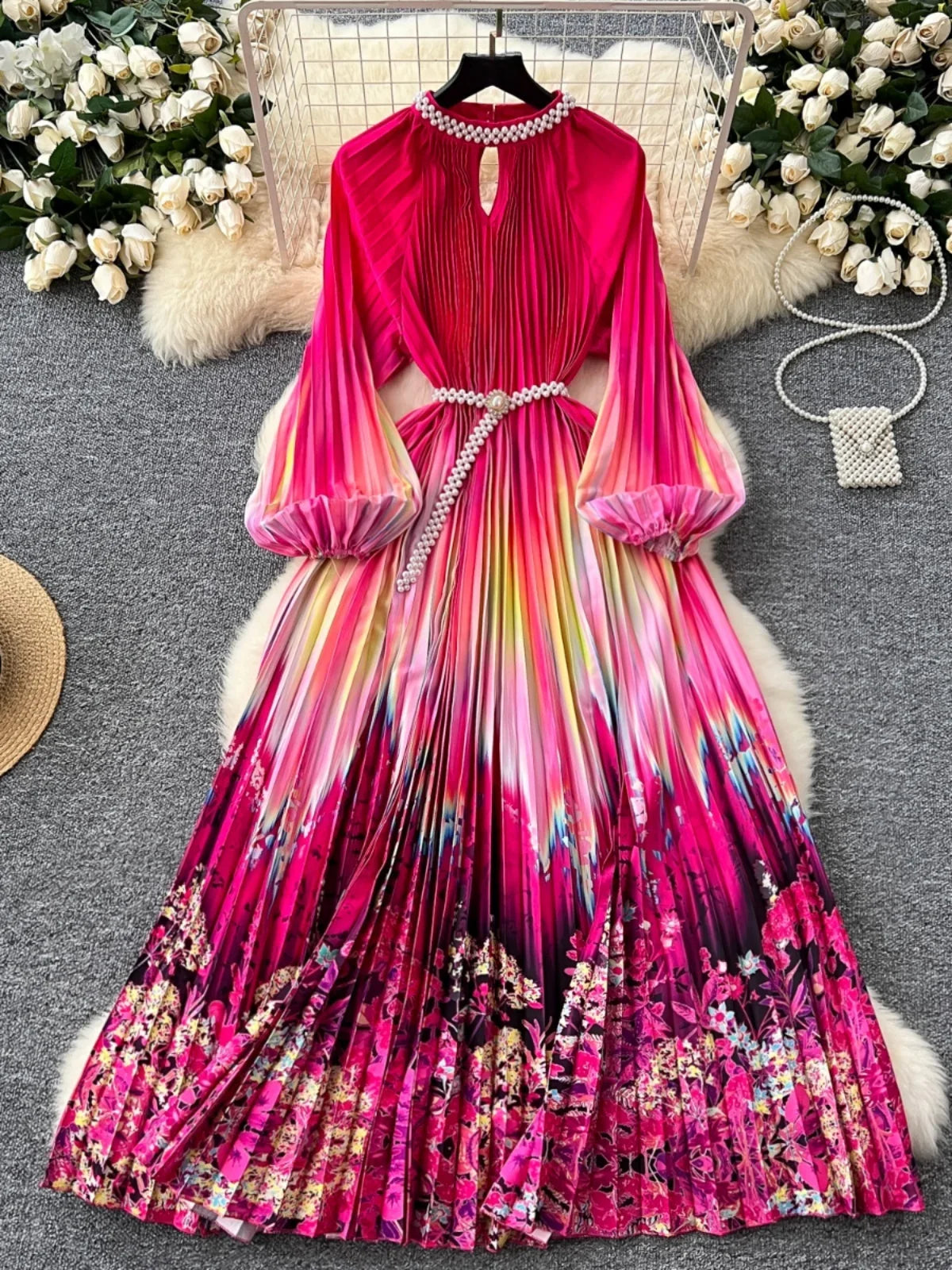 Ele High-End Women's Dr Faionable Beaded round Ne Hollow out Pleated Lantern Sve Waist Cinched Floral Print Lon...