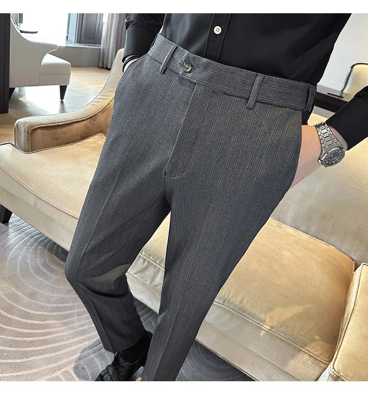 High Quality Striped Suit Pants 2025 Autumn New Fashion Slim Fit Business Elastic waisted Pants Male Wedding Party Trousers