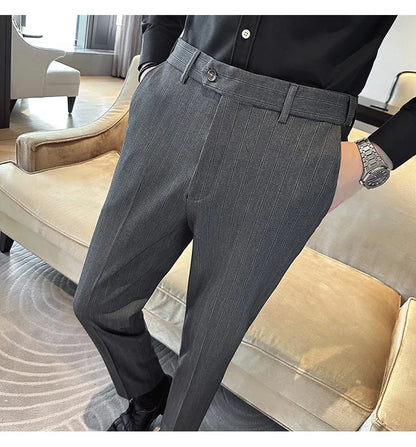 High Quality Striped Suit Pants 2025 Autumn New Fashion Slim Fit Business Elastic waisted Pants Male Wedding Party Trousers