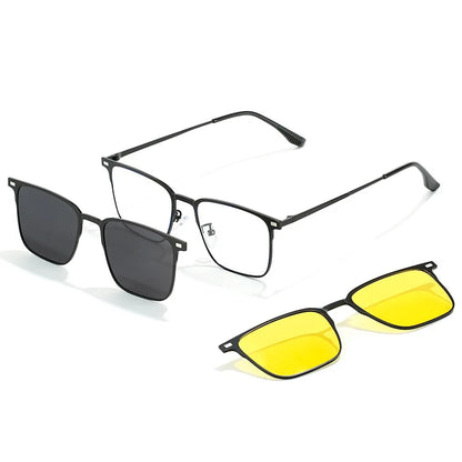 Fashion Square Metal Frame 3 in 1 Magnet Clip On Glasses Polarized Sunglasses Man Night Vision Clip Anti Blue Light Glasses