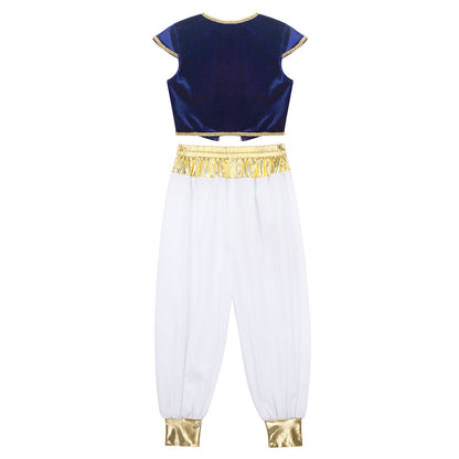 Boys Mythical Prince Arabian Carnival Cosplay Outfit Halloween Party Arabian Prince Role Play Waistcoat Vest Top+Belted Pants