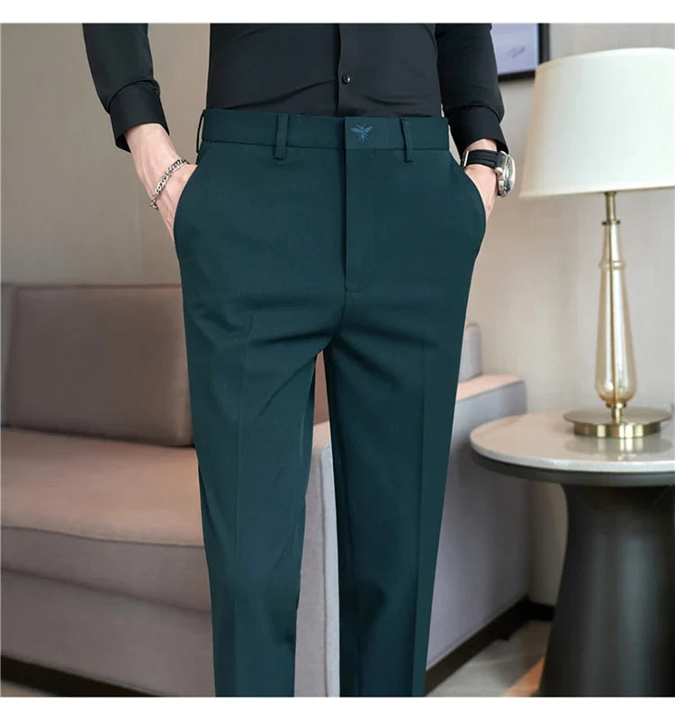 Autumn Mens Fashion Embroidered Trousers Korean Business Dress Solid Suit Pant Formal Office Social Slim Fit Casual Suit Pants