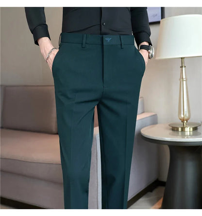 Autumn Mens Fashion Embroidered Trousers Korean Business Dress Solid Suit Pant Formal Office Social Slim Fit Casual Suit Pants