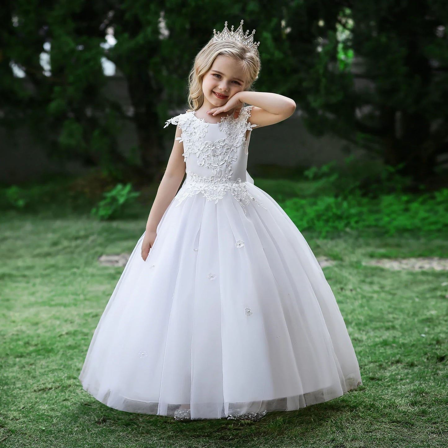 Formal Tulle Flower Bridesmaid Girls Dress Vestido White Wedding Princess Prom Kids Party Dresses For Girls Bow Birthday Costume